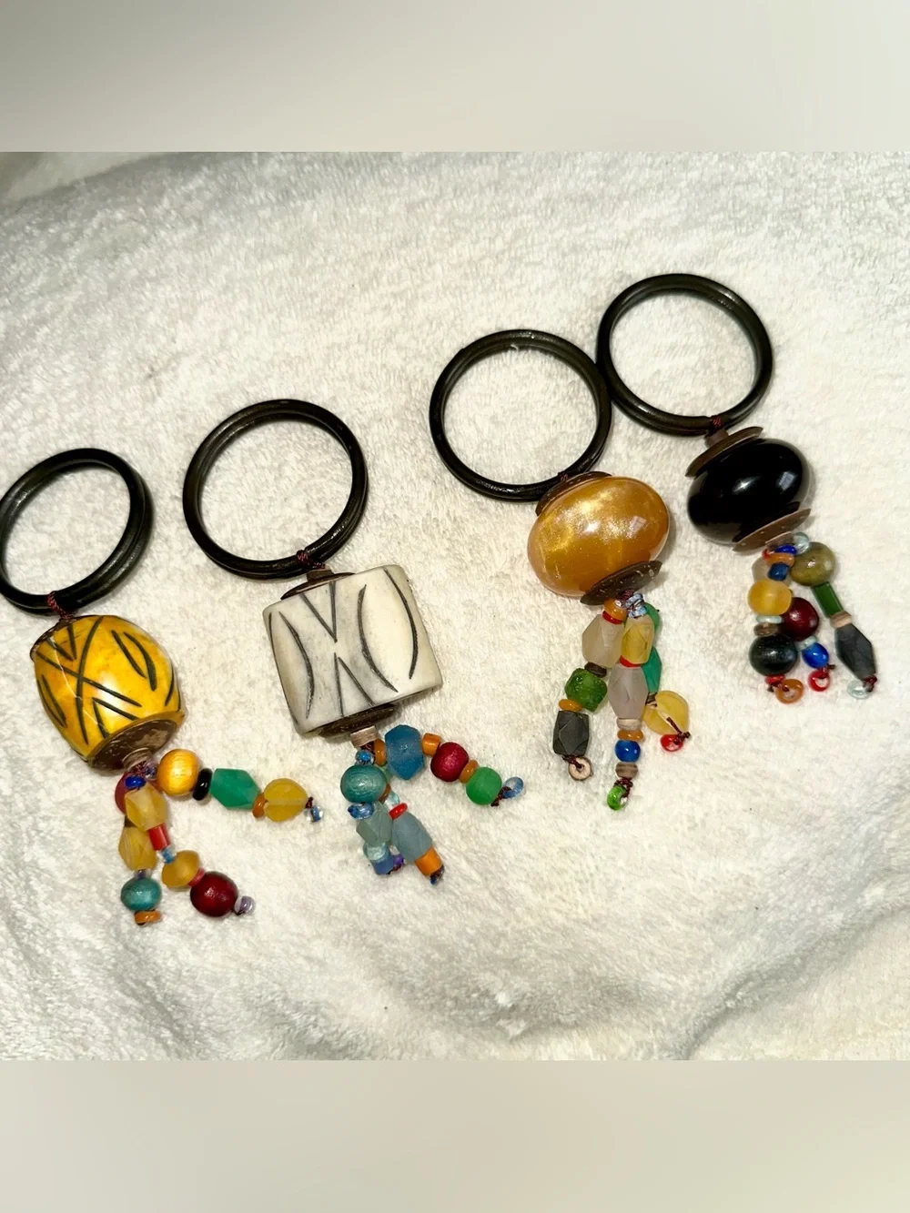 Pier 1 Vintage Beaded Napkin Rings Wood Bone Tribal Boho Table Decor Set of 4